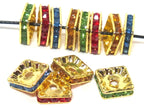 8 Beads - Sparkly bling crystal rhinestone inlaid gold color square brass frame beads - 10 mm size - BD947