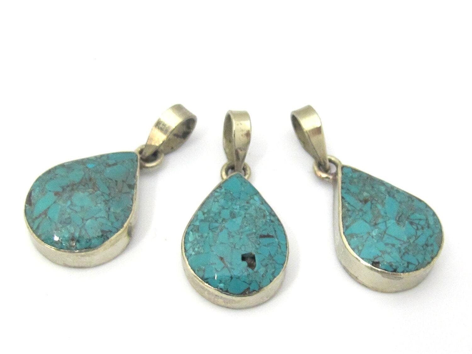 1 Pendant - Tibetan silver teardrop shape turquoise gemstone pendant from Nepal - PM460