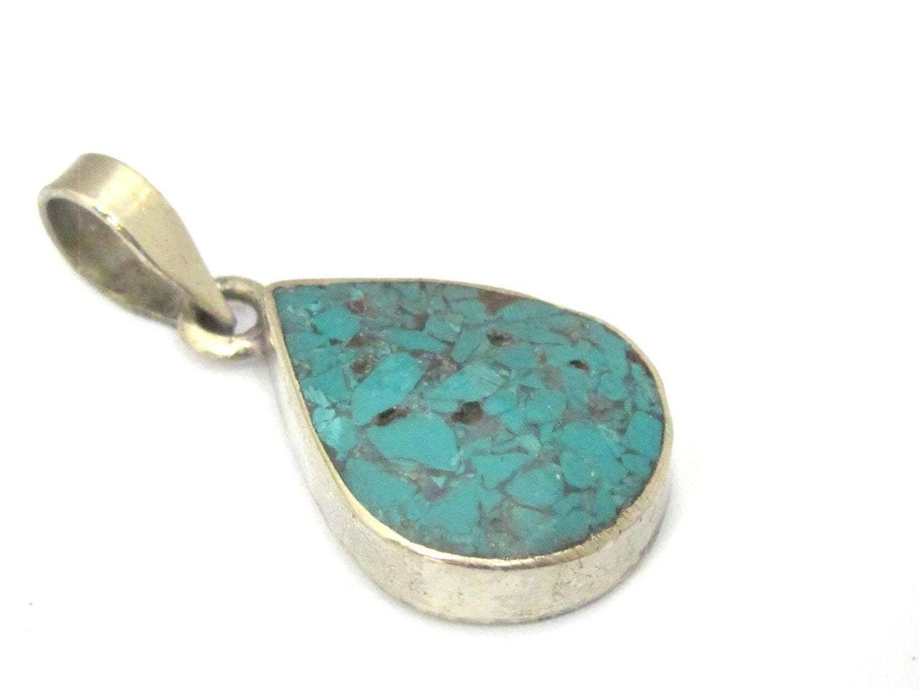 1 Pendant - Tibetan silver teardrop shape turquoise gemstone pendant from Nepal - PM460