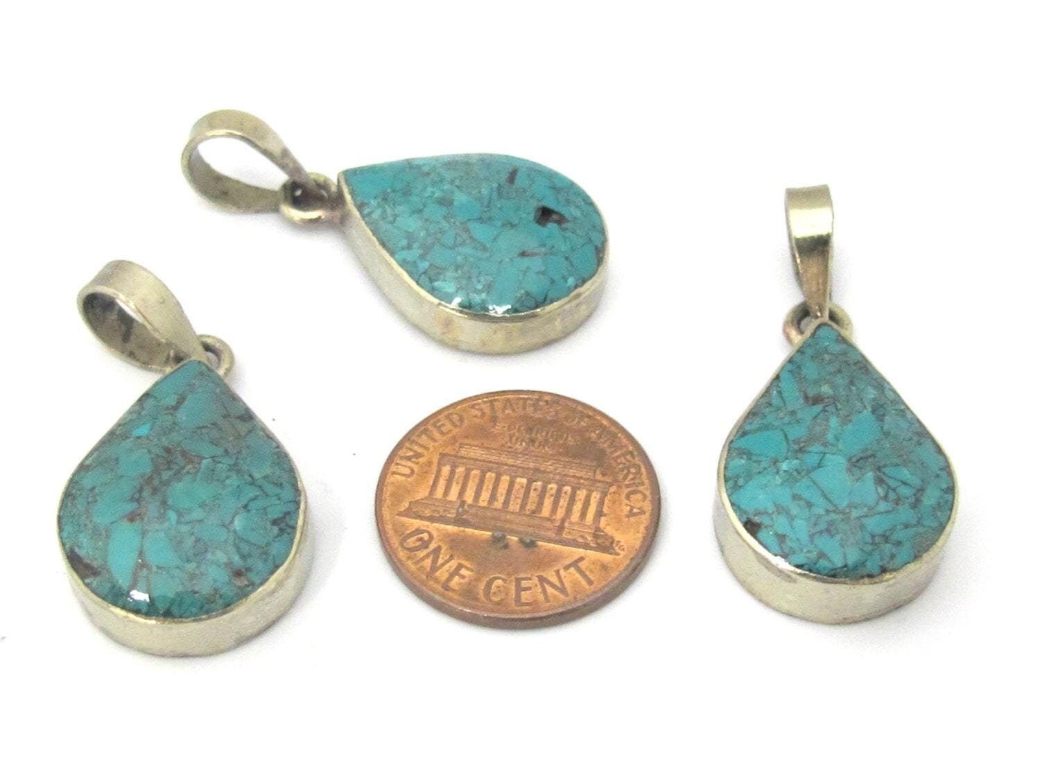 1 Pendant - Tibetan silver teardrop shape turquoise gemstone pendant from Nepal - PM460
