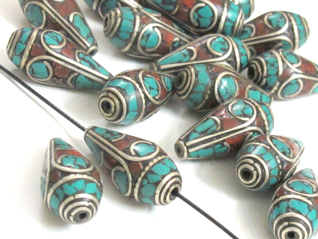 2 Beads - Beautiful Tibetan silver color finish conical design turquoise inlaid ethnic cone beads - BD983