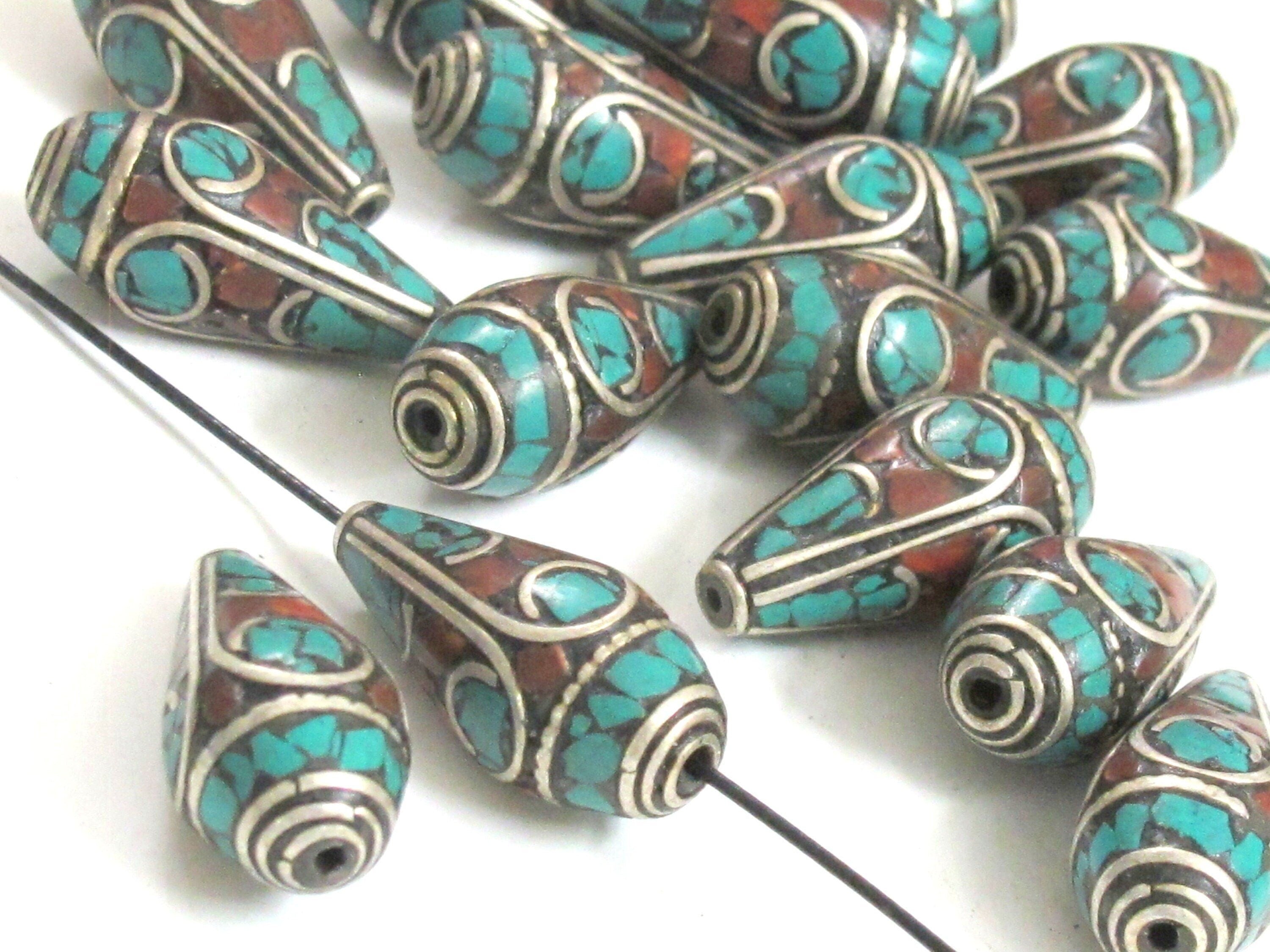 2 Beads - Beautiful Tibetan silver color finish conical design turquoise inlaid ethnic cone beads - BD983