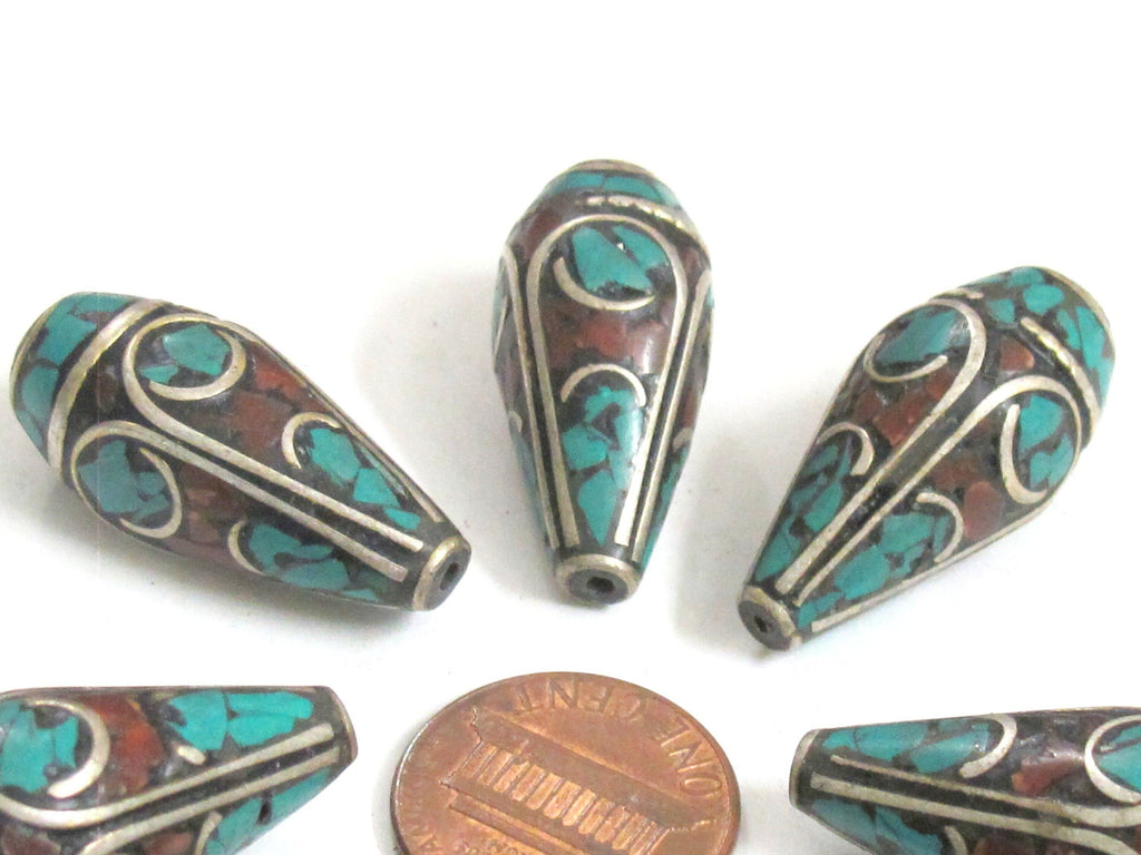 2 Beads - Beautiful Tibetan silver color finish conical design turquoise inlaid ethnic cone beads - BD983
