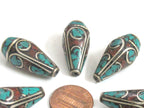 2 Beads - Beautiful Tibetan silver color finish conical design turquoise inlaid ethnic cone beads - BD983