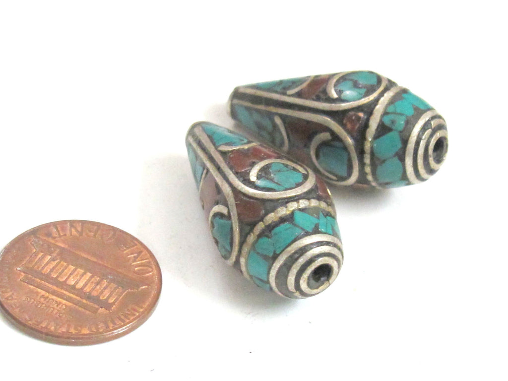 2 Beads - Beautiful Tibetan silver color finish conical design turquoise inlaid ethnic cone beads - BD983