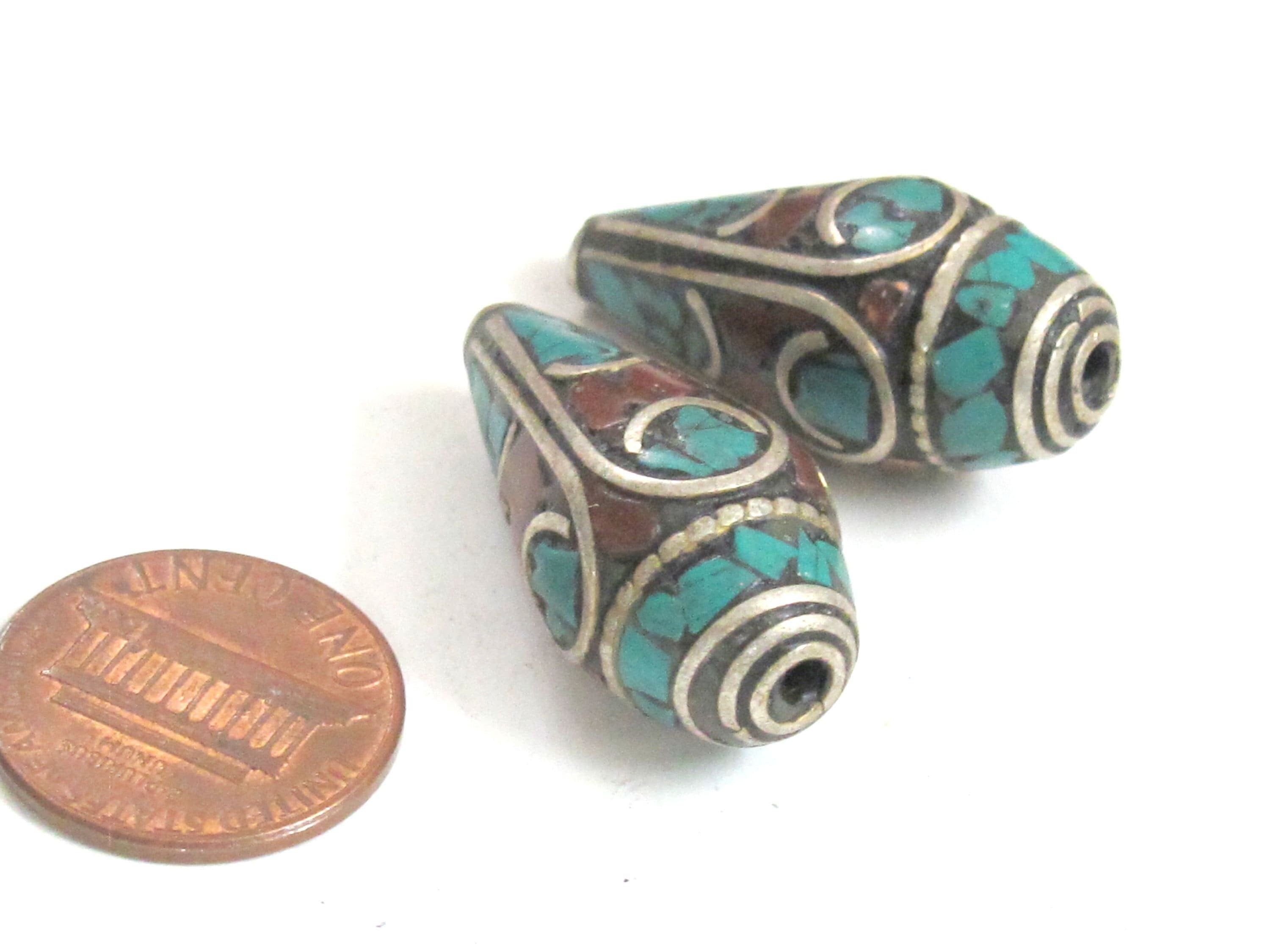 2 Beads - Beautiful Tibetan silver color finish conical design turquoise inlaid ethnic cone beads - BD983