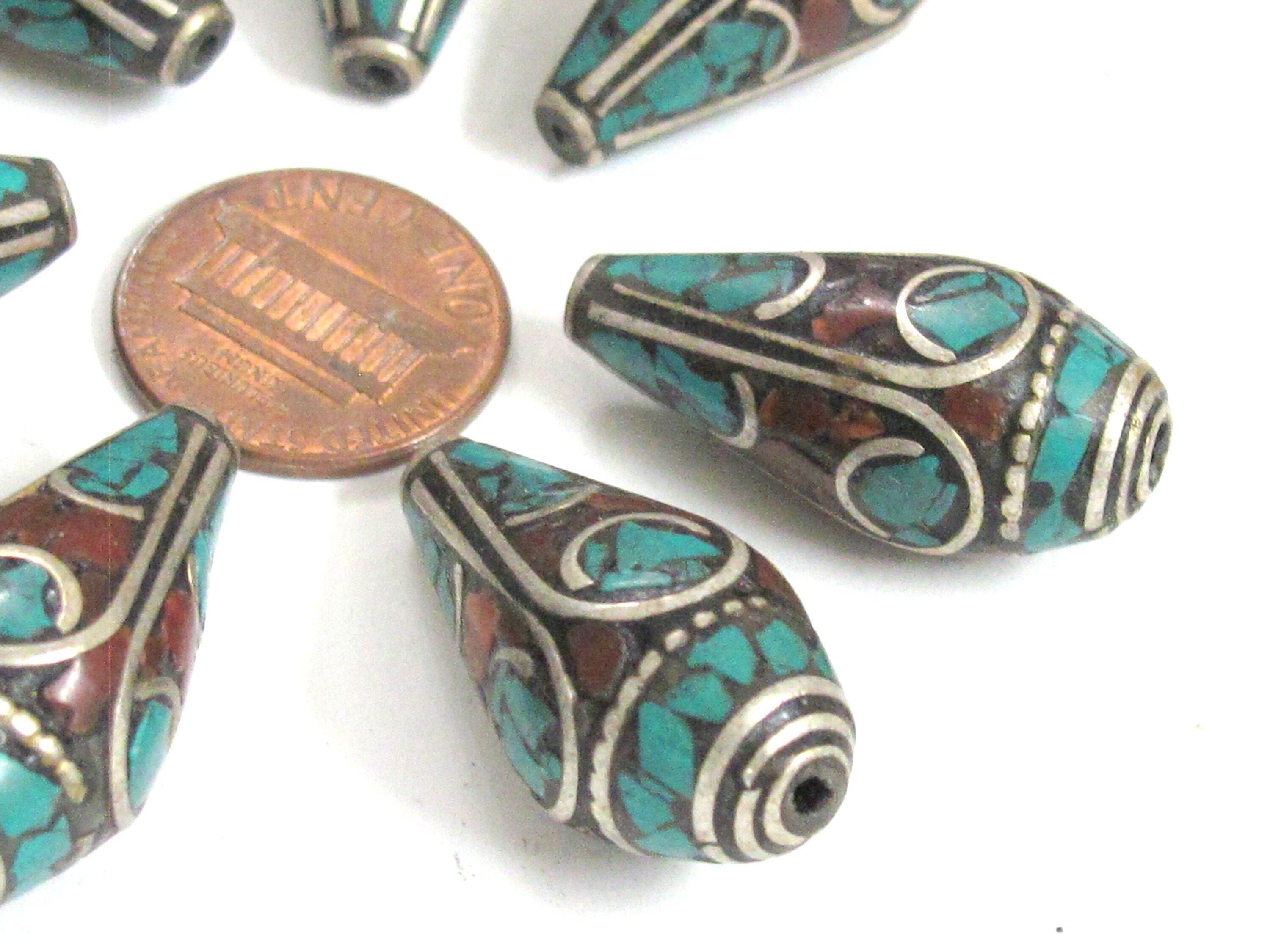 2 Beads - Beautiful Tibetan silver color finish conical design turquoise inlaid ethnic cone beads - BD983