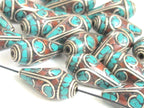 2 Beads - Beautiful Tibetan silver color finish conical design turquoise inlaid ethnic cone beads - BD983
