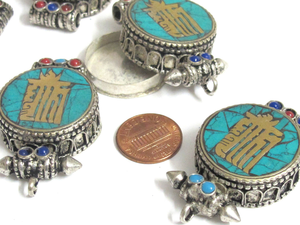 1 pendant - Tibetan antiqued silver finish turquoise brass inlaid Ghau prayer box kalachakra mantra pendant Nepal - PM527L