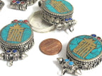 1 pendant - Tibetan antiqued silver finish turquoise brass inlaid Ghau prayer box kalachakra mantra pendant Nepal - PM527L