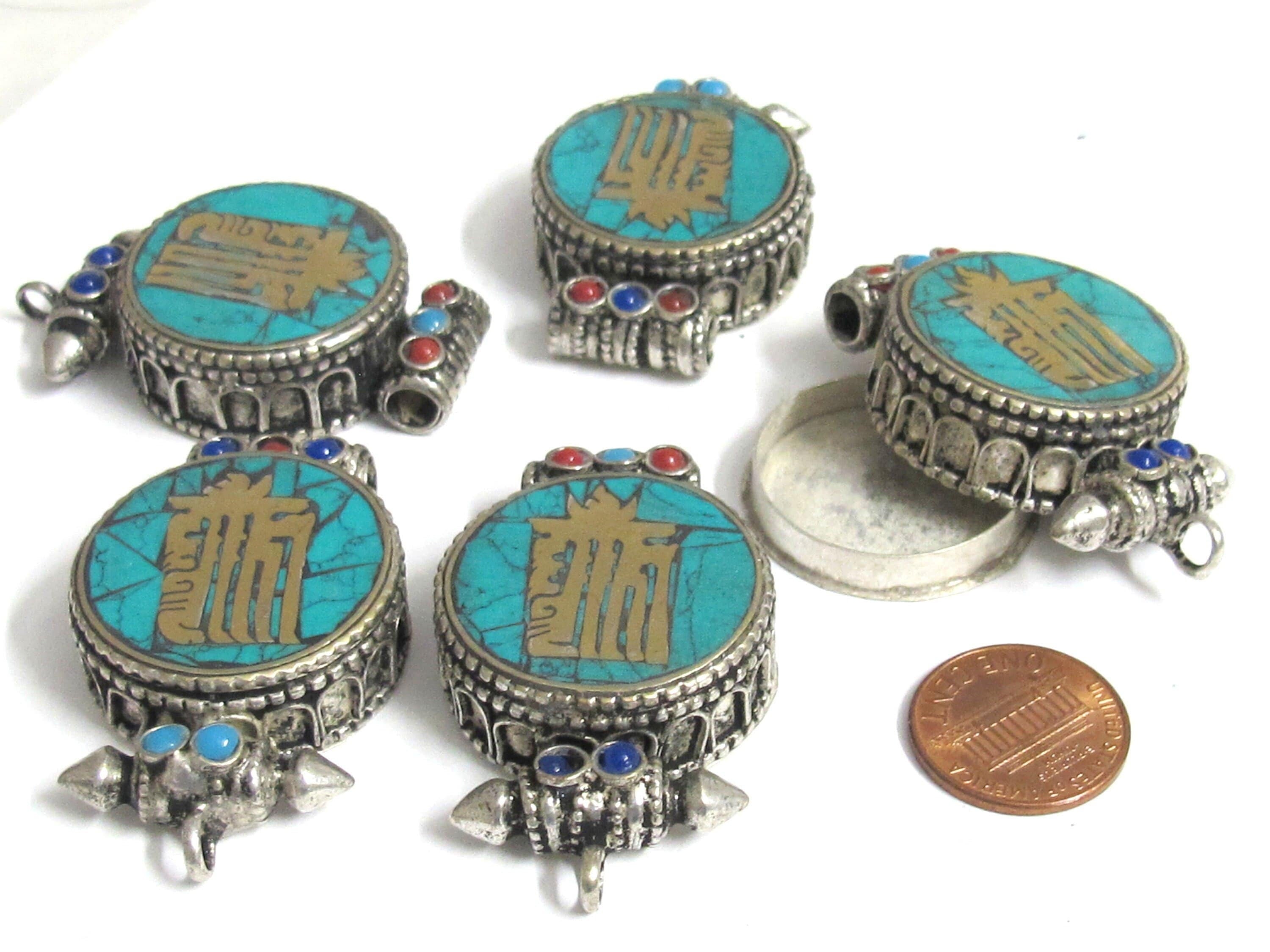 1 pendant - Tibetan antiqued silver finish turquoise brass inlaid Ghau prayer box kalachakra mantra pendant Nepal - PM527L