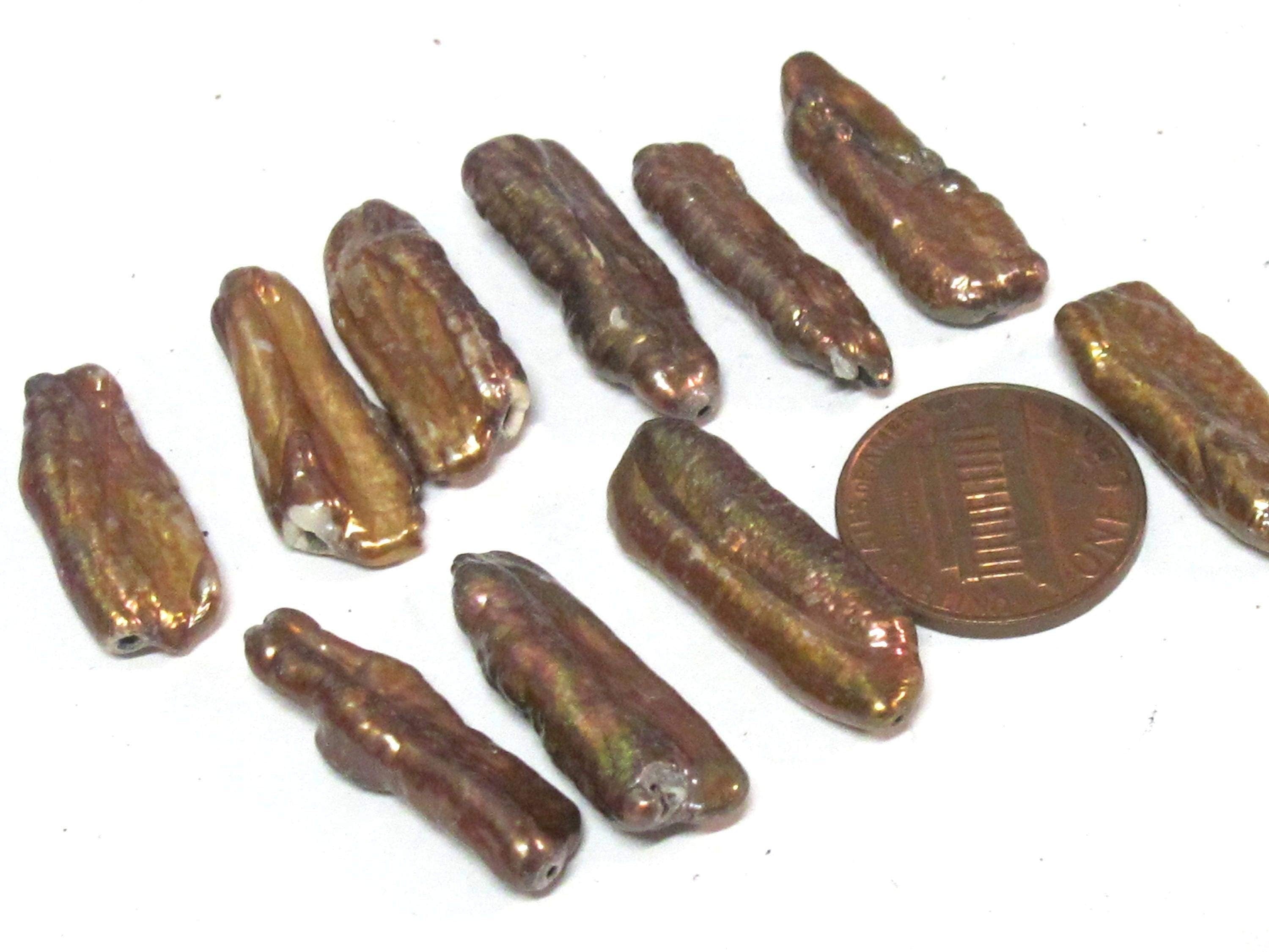 10 Beads - Natural freshwater Biwa cultured pearl sticks golden mustard yellow champagne color - PL006T
