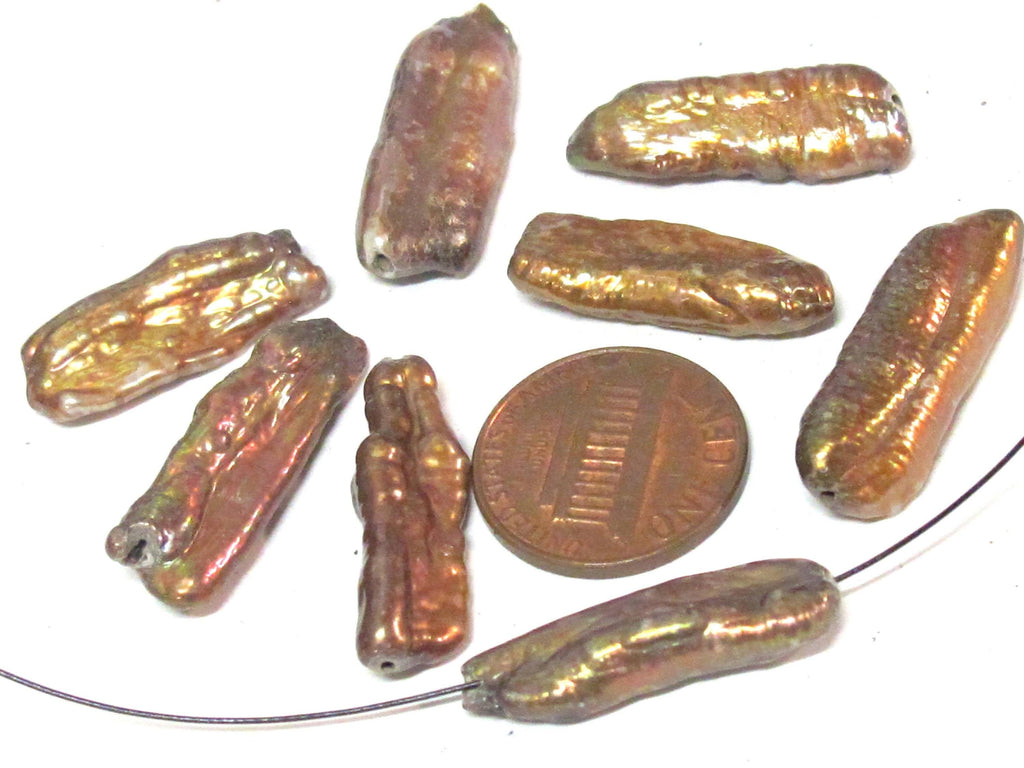10 Beads - Natural freshwater Biwa cultured pearl sticks golden mustard yellow champagne color - PL006T