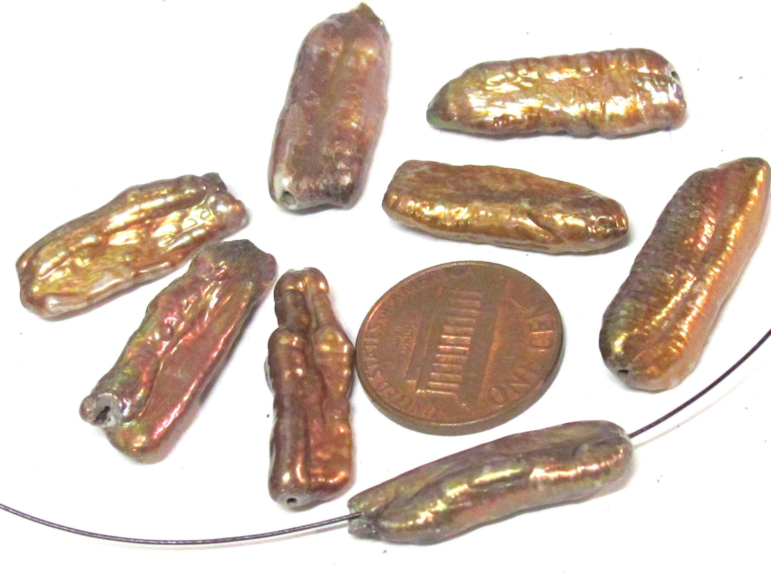 10 Beads - Natural freshwater Biwa cultured pearl sticks golden mustard yellow champagne color - PL006T