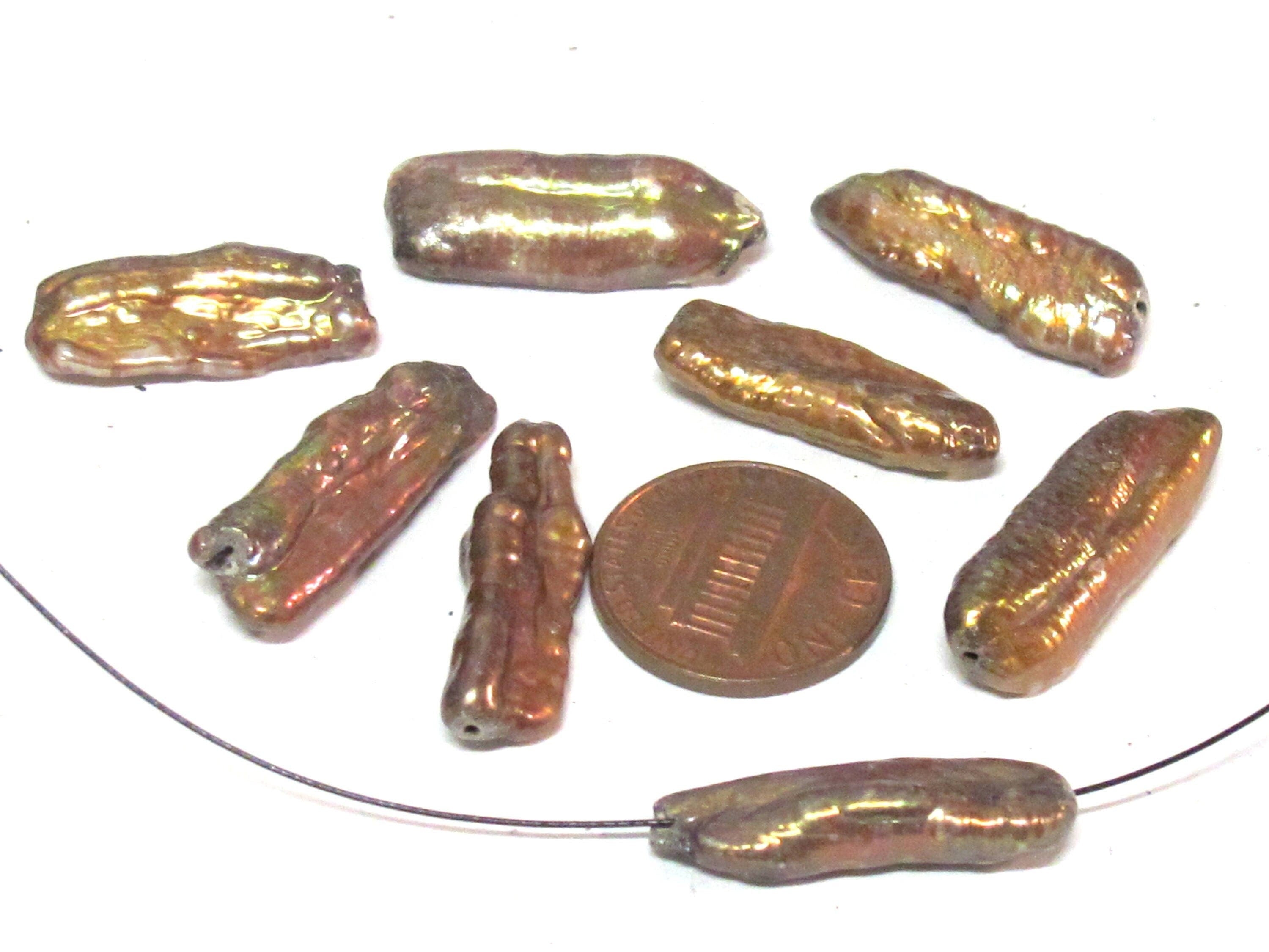 10 Beads - Natural freshwater Biwa cultured pearl sticks golden mustard yellow champagne color - PL006T