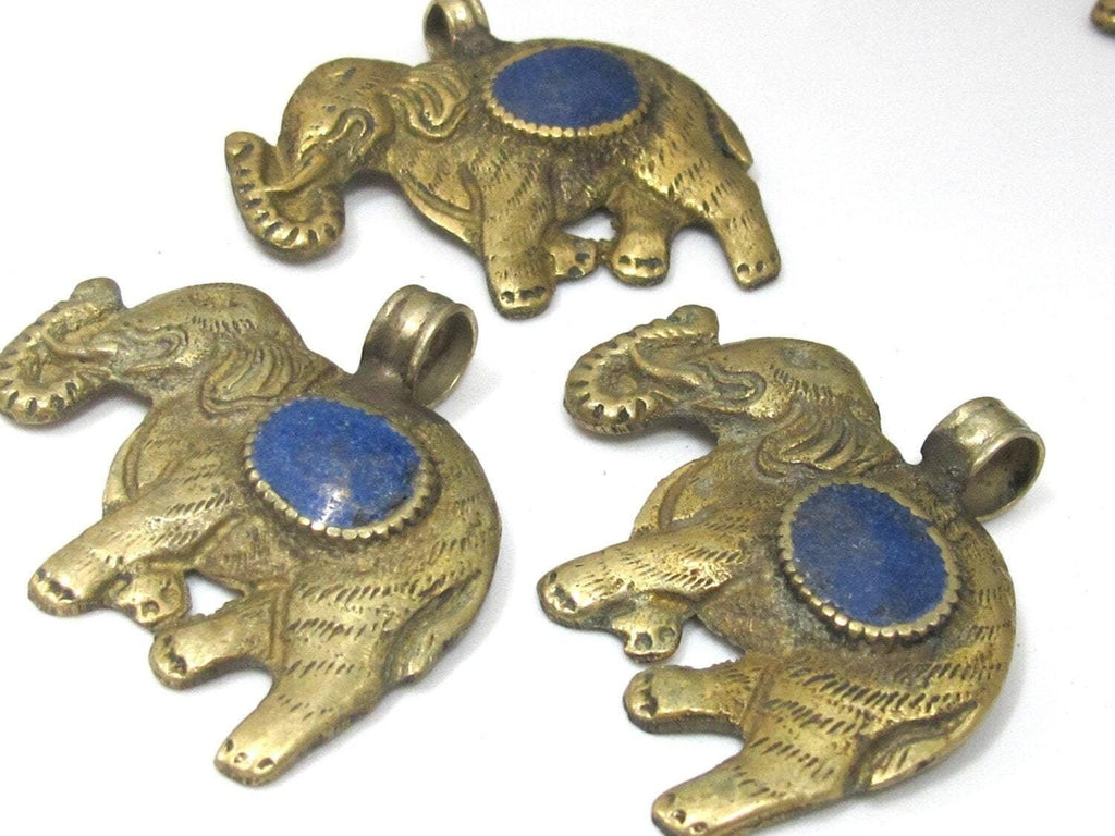 1 Pendant - elephant pendant - Tibetan brass elephant pendant antiqued finish with lapis inlay and reverse lotus flower carving - PM526C