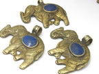 1 Pendant - elephant pendant - Tibetan brass elephant pendant antiqued finish with lapis inlay and reverse lotus flower carving - PM526C