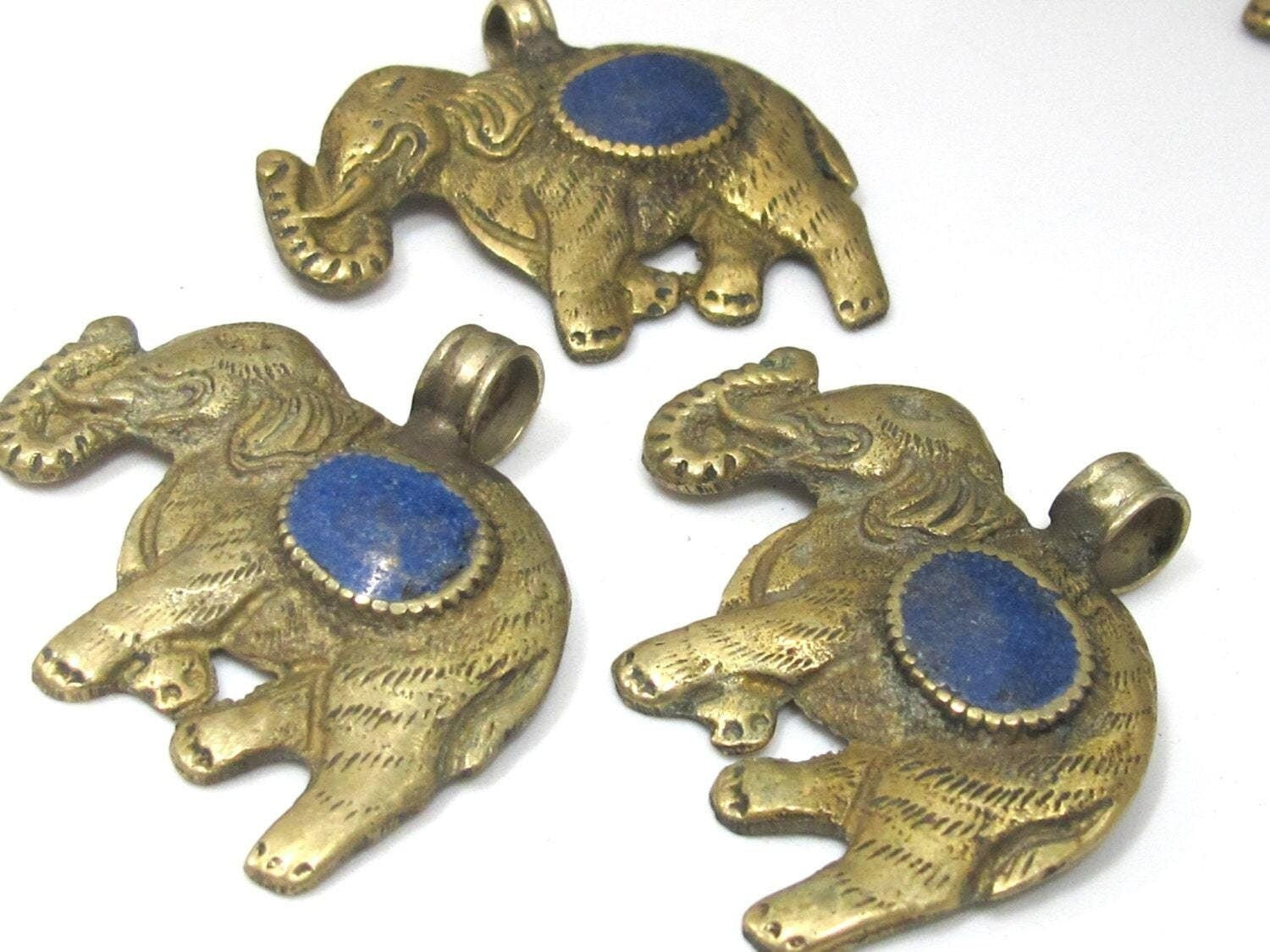 1 Pendant - elephant pendant - Tibetan brass elephant pendant antiqued finish with lapis inlay and reverse lotus flower carving - PM526C