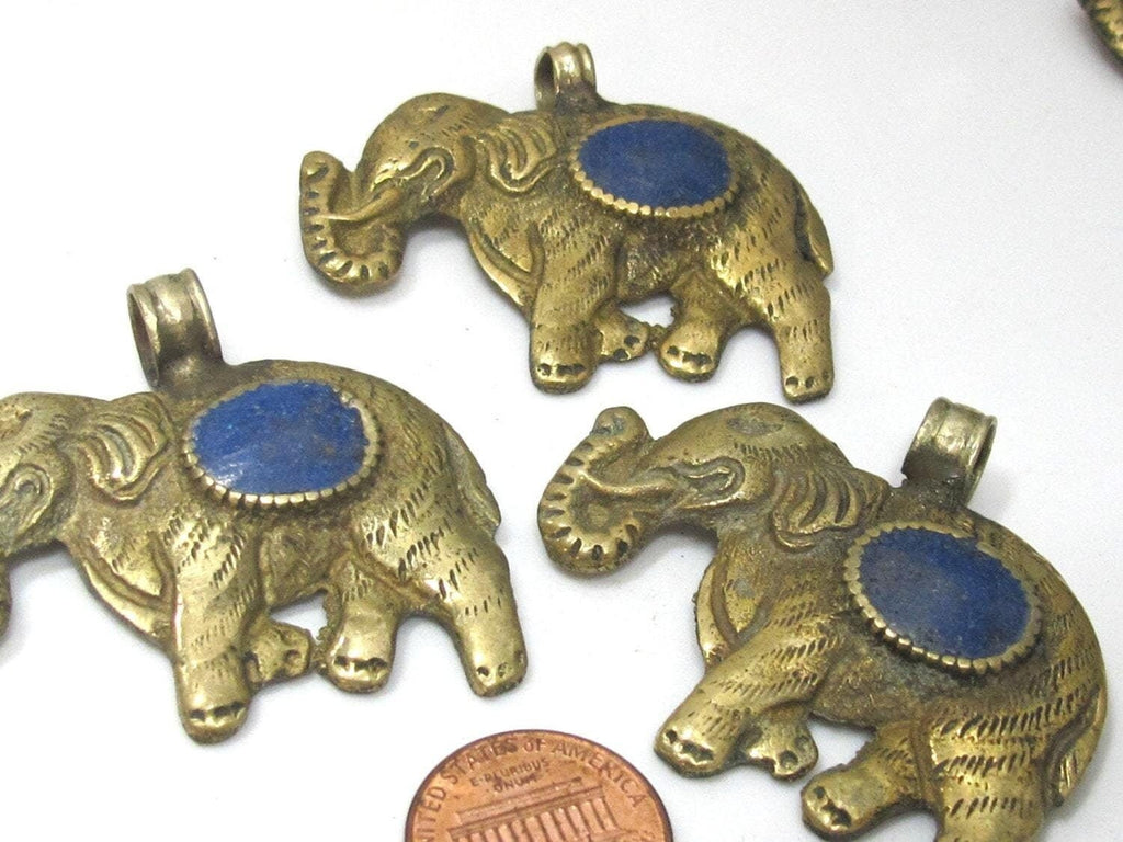 1 Pendant - elephant pendant - Tibetan brass elephant pendant antiqued finish with lapis inlay and reverse lotus flower carving - PM526C