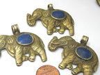 1 Pendant - elephant pendant - Tibetan brass elephant pendant antiqued finish with lapis inlay and reverse lotus flower carving - PM526C