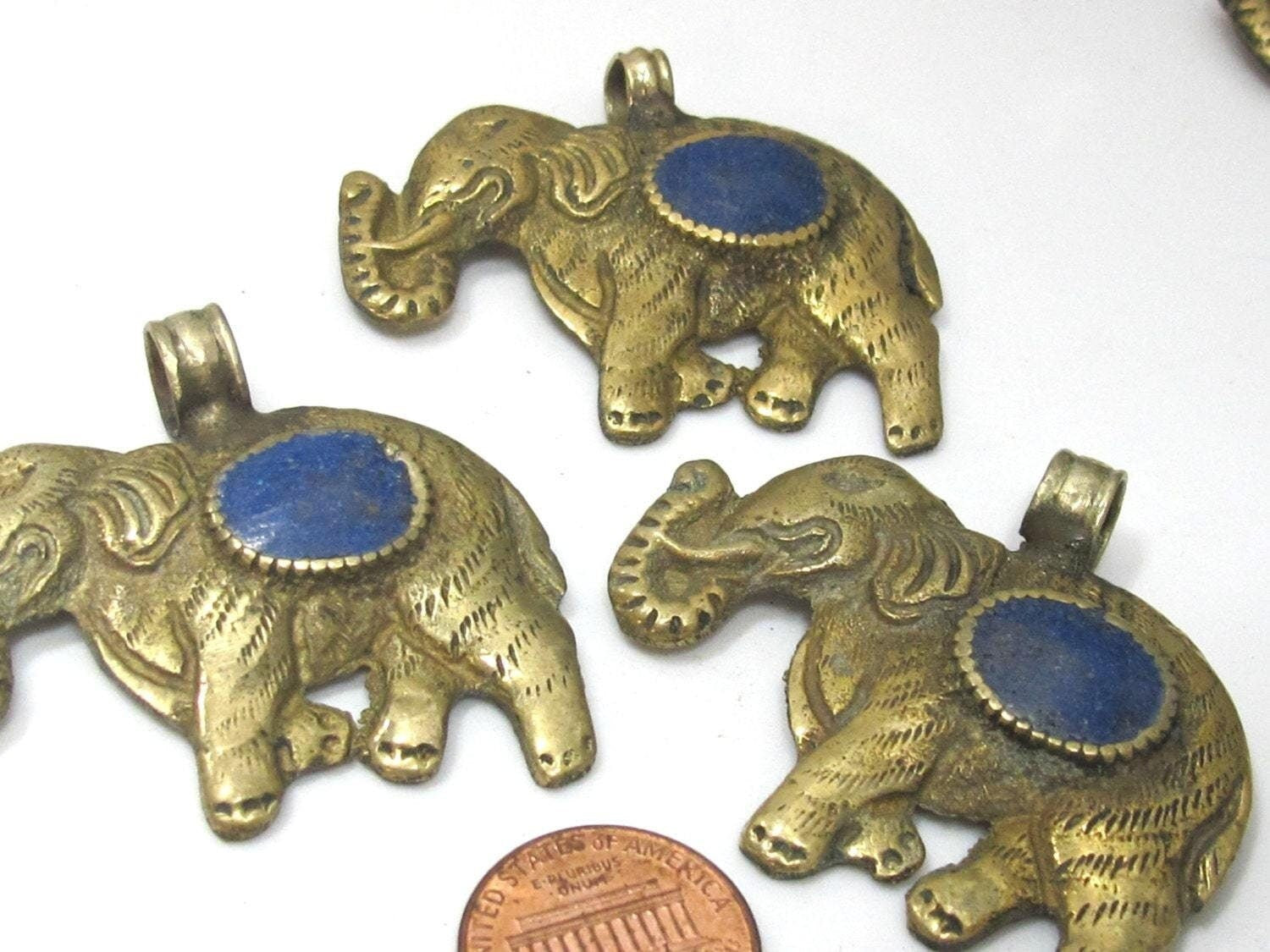 1 Pendant - elephant pendant - Tibetan brass elephant pendant antiqued finish with lapis inlay and reverse lotus flower carving - PM526C