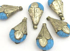 Teardrop shape Tibetan silver capped blue crackle resin pendant - 1 pendant - PM316A