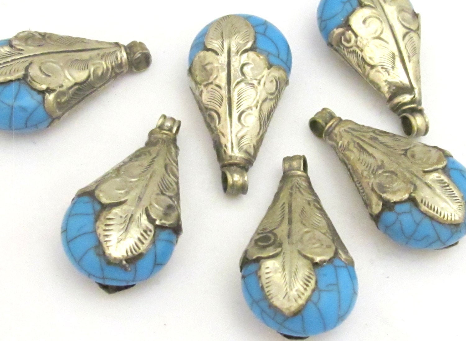 Teardrop shape Tibetan silver capped blue crackle resin pendant - 1 pendant - PM316A