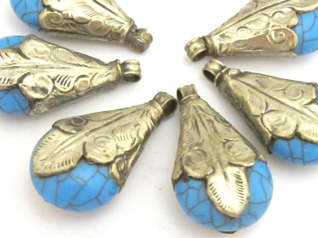 Teardrop shape Tibetan silver capped blue crackle resin pendant - 1 pendant - PM316A