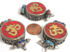 1 pendant gau ghau box - Tibetan antiqued silver finish turquoise brass inlaid Ghau prayer box Om mantra pendant Nepal - PM527M