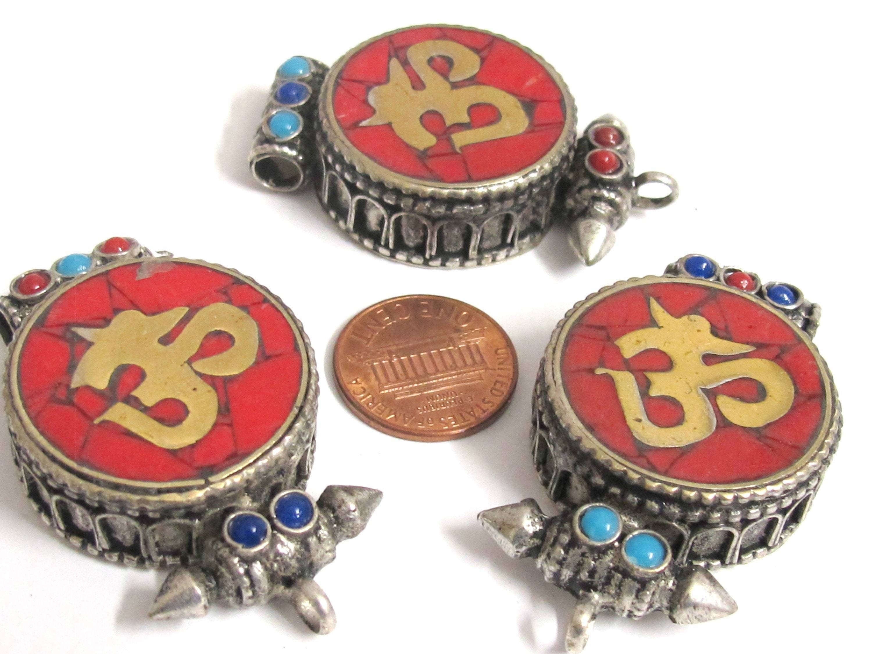 1 pendant gau ghau box - Tibetan antiqued silver finish turquoise brass inlaid Ghau prayer box Om mantra pendant Nepal - PM527M