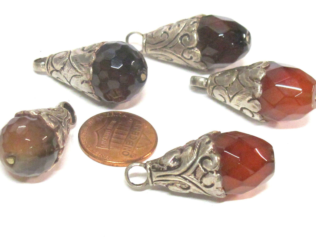 1 pendant - Tibetan silver plated faceted agate gemstone drop pendant small size from Nepal - PM562