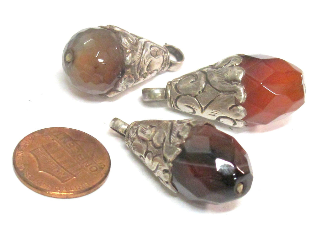 1 pendant - Tibetan silver plated faceted agate gemstone drop pendant small size from Nepal - PM562