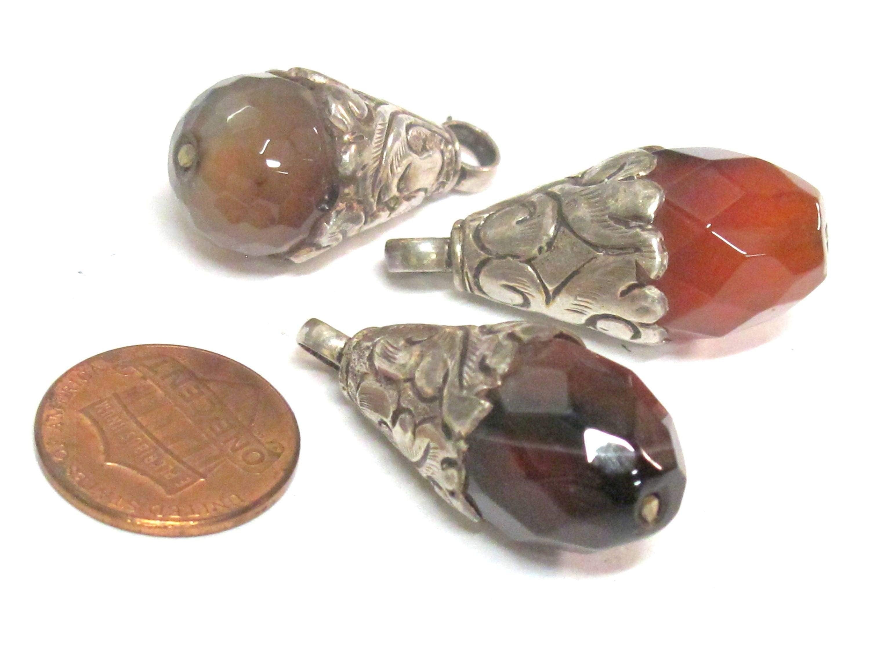 1 pendant - Tibetan silver plated faceted agate gemstone drop pendant small size from Nepal - PM562