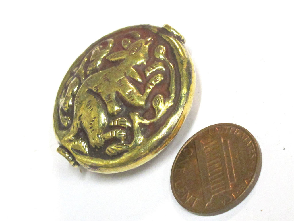2 Beads - Large 35 mm size Tibetan brass repousse rabbit design focal pendant bead antiqued golden color - BD426s