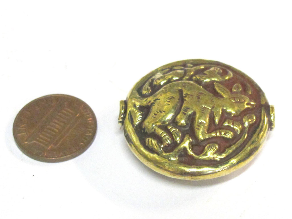 2 Beads - Large 35 mm size Tibetan brass repousse rabbit design focal pendant bead antiqued golden color - BD426s