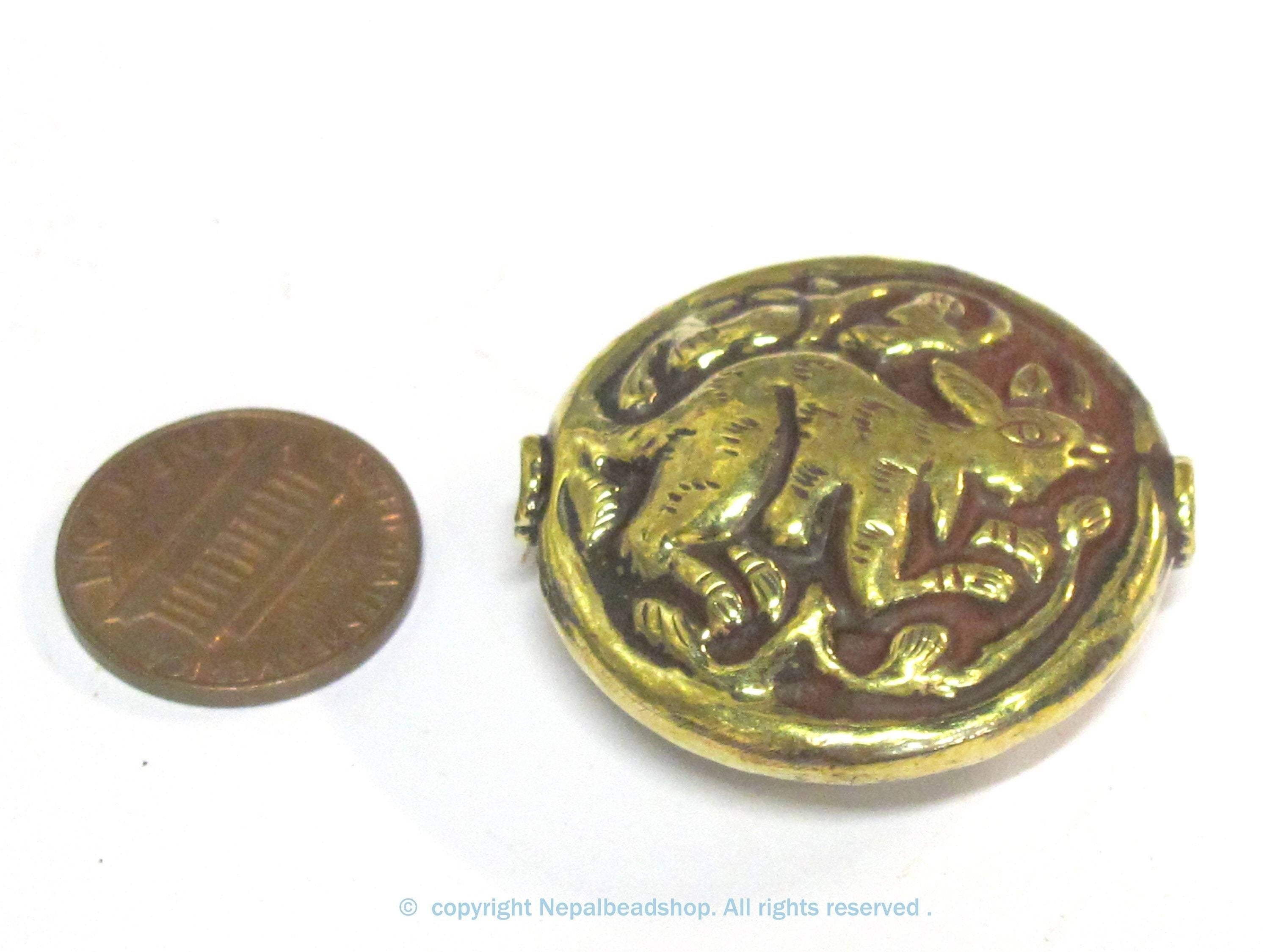 2 Beads - Large 35 mm size Tibetan brass repousse rabbit design focal pendant bead antiqued golden color - BD426s