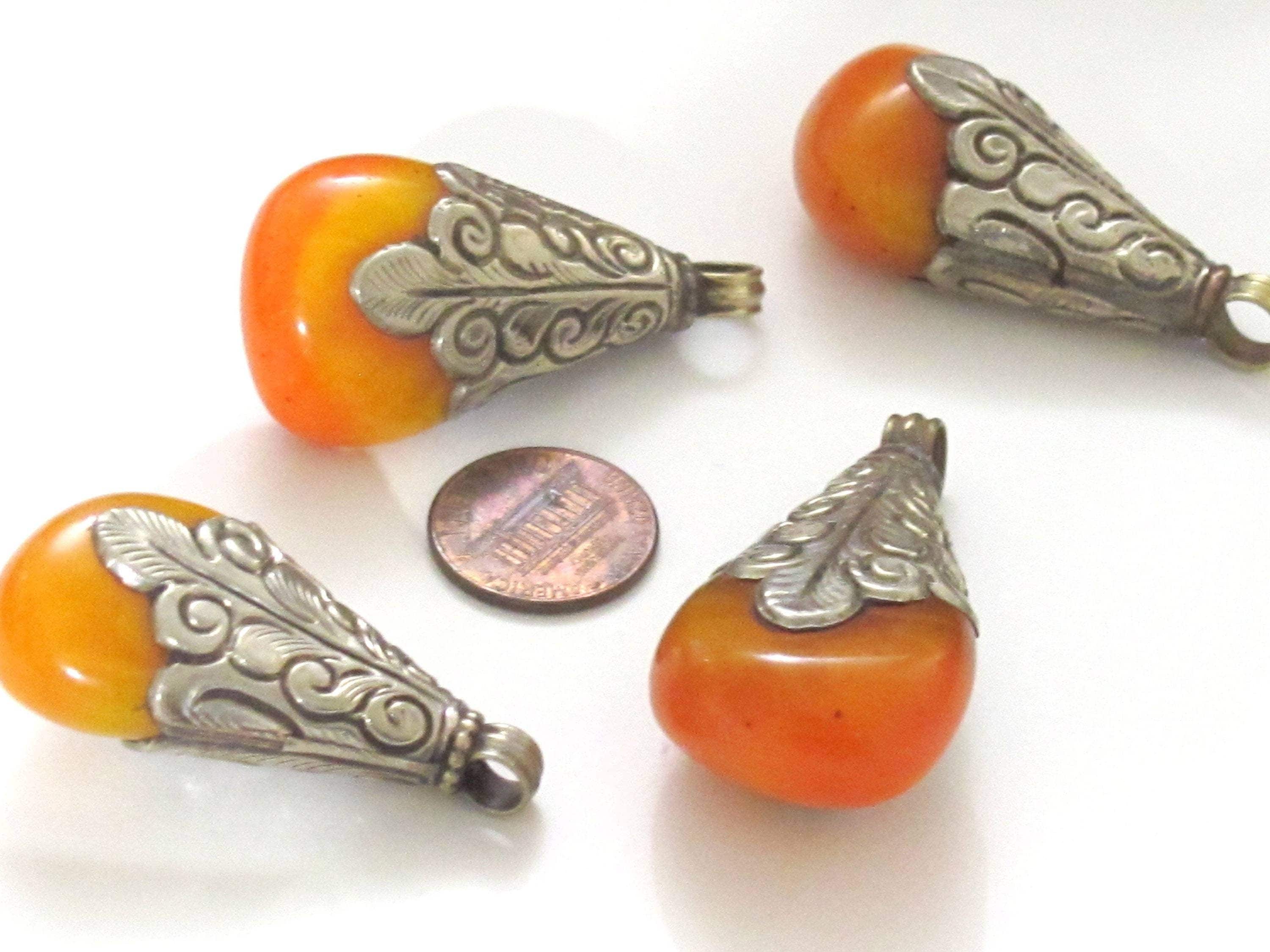 1 pendant - Teardrop shape Tibetan silver finish capped copal resin pendant -- PM323C