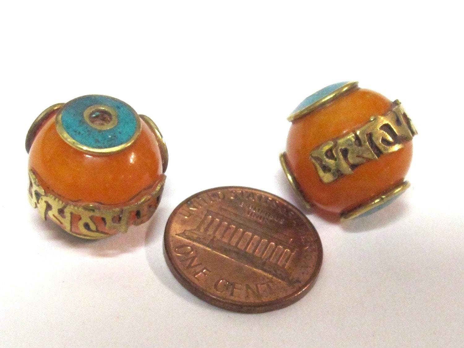1 Bead - Tibetan copal resin Om mantra bead with brass , turquoise and coral inlay - BD695Bx