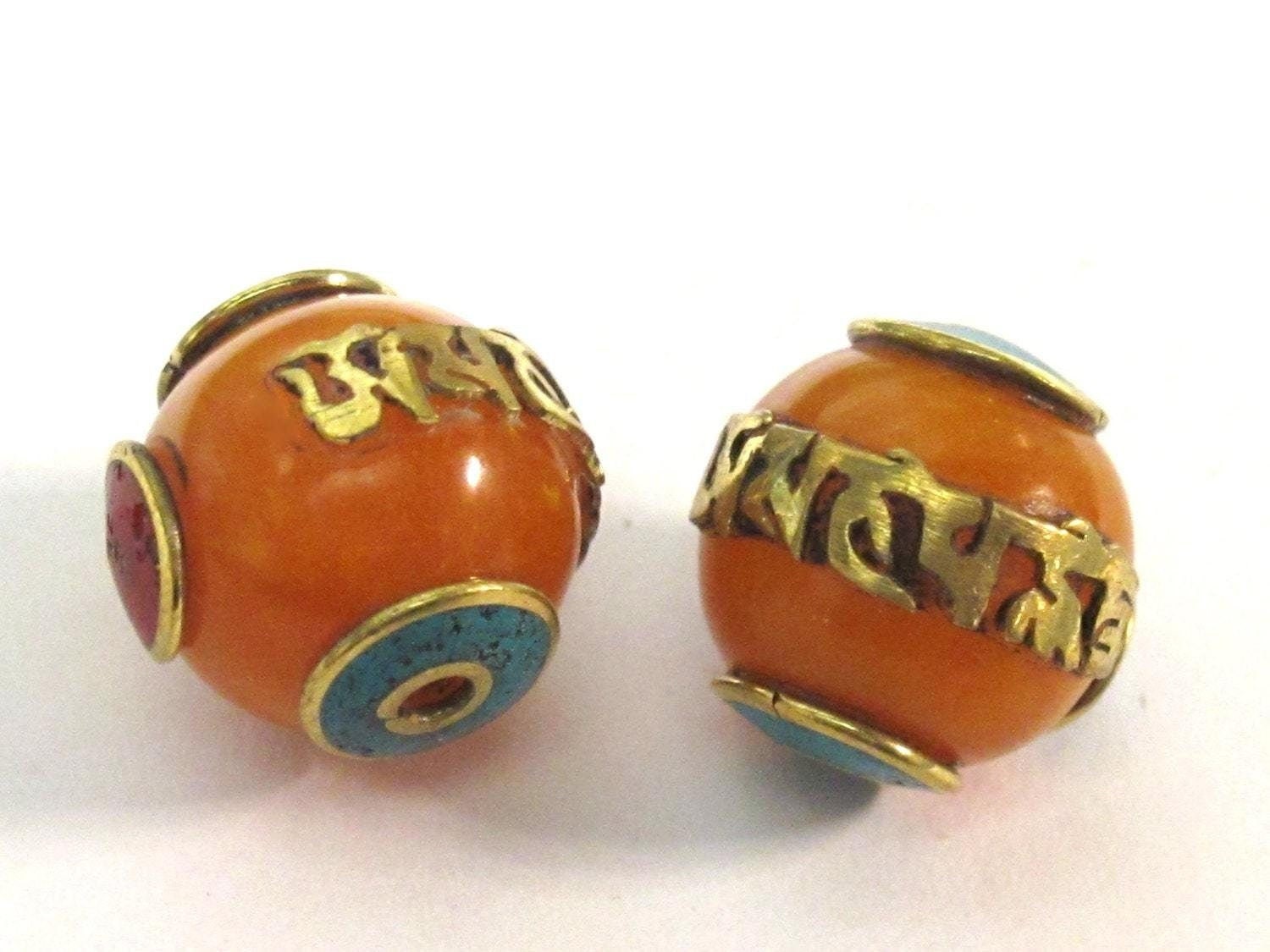 1 Bead - Tibetan copal resin Om mantra bead with brass , turquoise and coral inlay - BD695Bx