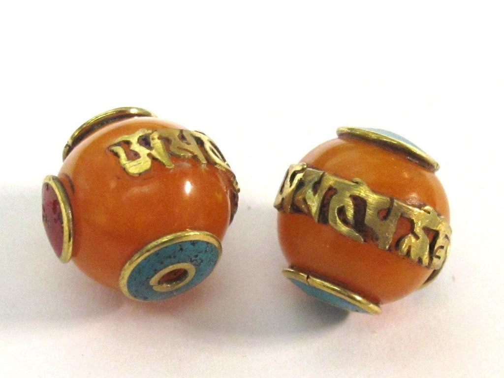 1 Bead - Tibetan copal resin Om mantra bead with brass , turquoise and coral inlay - BD695Bx