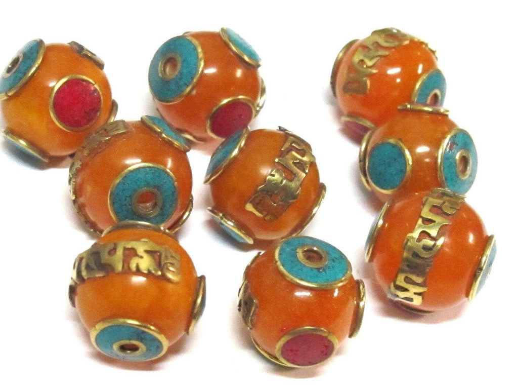 1 Bead - Tibetan copal resin Om mantra bead with brass , turquoise and coral inlay - BD695Bx
