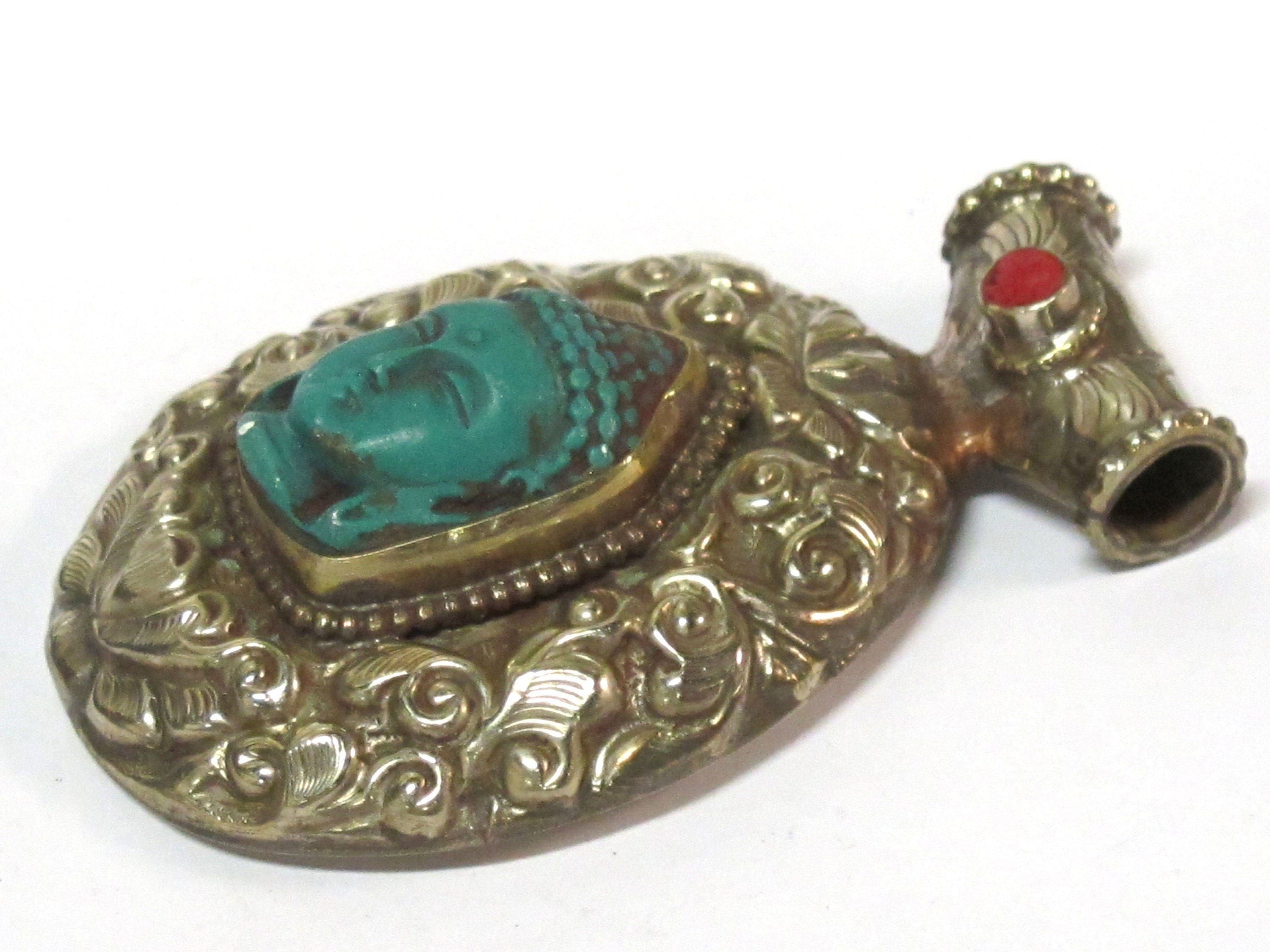 1 Pendant - Large Tibetan antiqued silver color green Buddha pendant with Lotus flower carving - PM336H