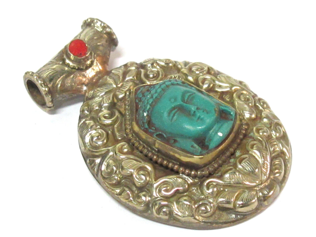 1 Pendant - Large Tibetan antiqued silver color green Buddha pendant with Lotus flower carving - PM336H
