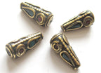 2 Beads - Tibetan cone shape brass beads with turquoise inlay - BD477
