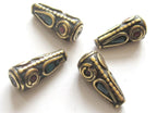 2 Beads - Tibetan cone shape brass beads with turquoise inlay - BD477
