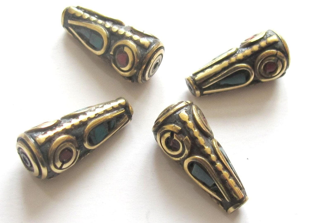 2 Beads - Tibetan cone shape brass beads with turquoise inlay - BD477