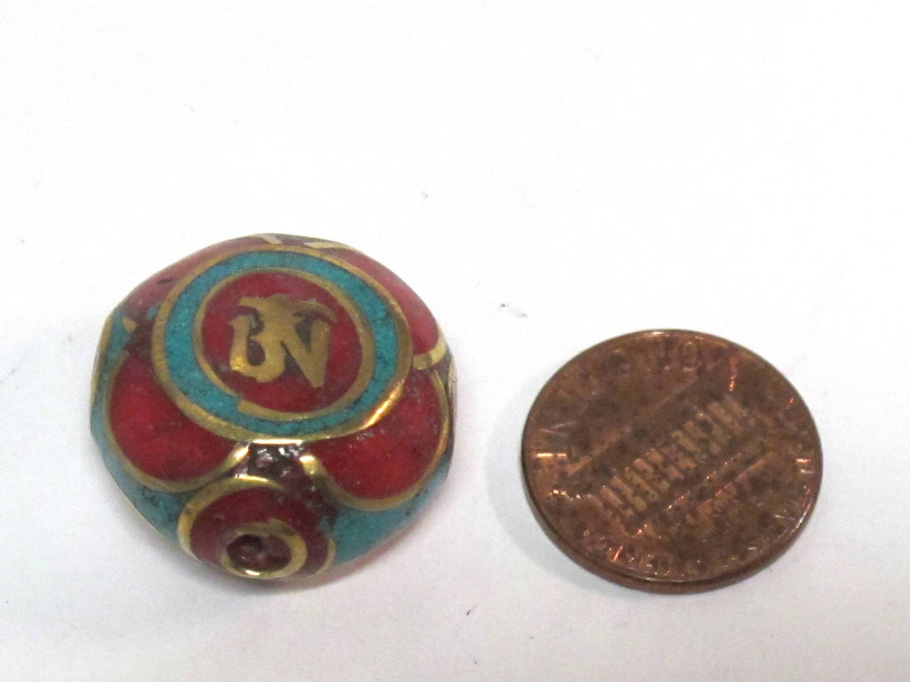 1 BEAD - Ethnic Tibetan om prayer bead with turquoise inlay 23 - 24 mm wide - BD567B