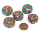 1 BEAD - Ethnic Tibetan om prayer bead with turquoise inlay 23 - 24 mm wide - BD567B