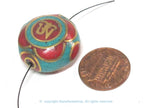 1 BEAD - Ethnic Tibetan om prayer bead with turquoise inlay 23 - 24 mm wide - BD567B