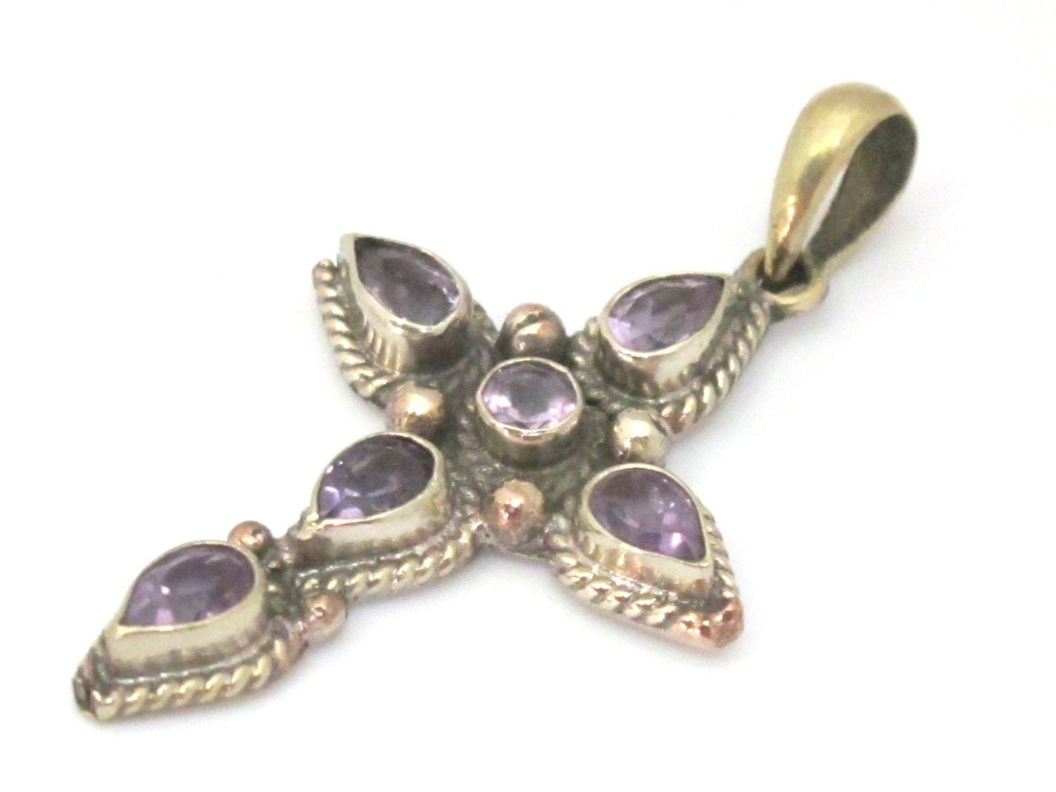 1 Pendant - Tibetan silver faceted amethyst gemstone cross pendant from Nepal - PM446C